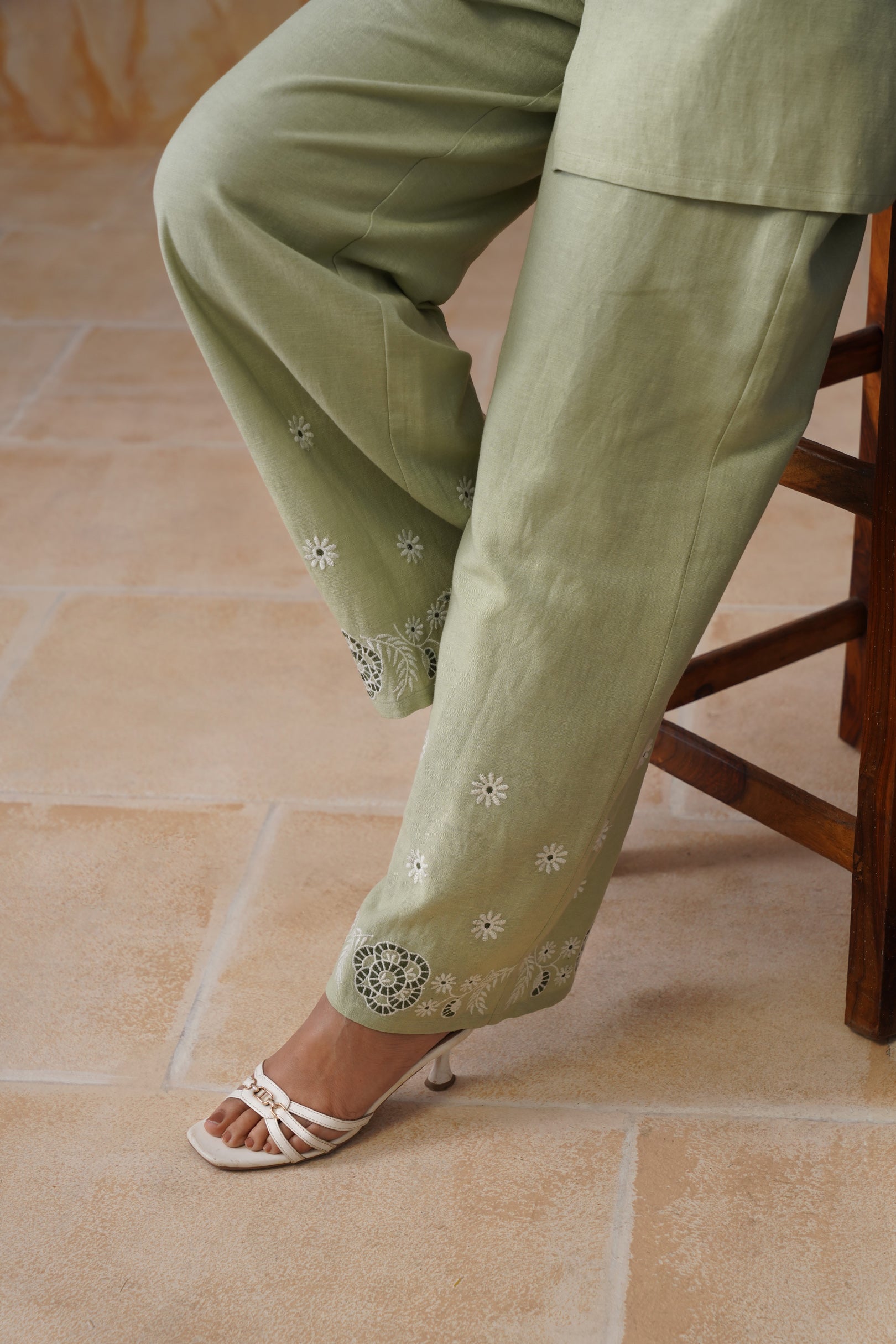 Sage Green Floral Embroidered Linen Blend Co-Ord Set Korah Stitch