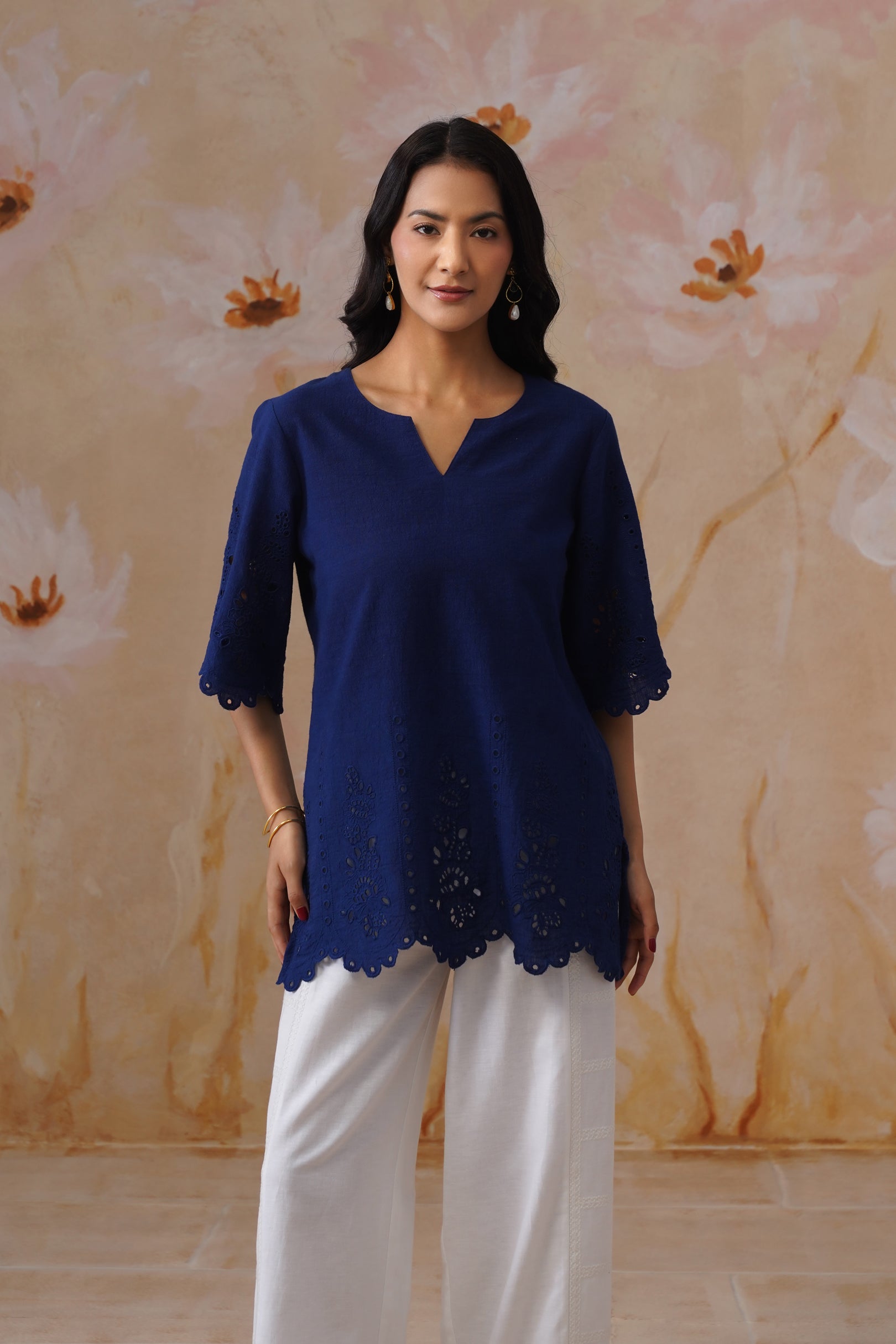 Shefali Singhal in Navy Blue Broderie Top Korah Stitch