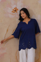 Shefali Singhal in Navy Blue Broderie Top Korah Stitch