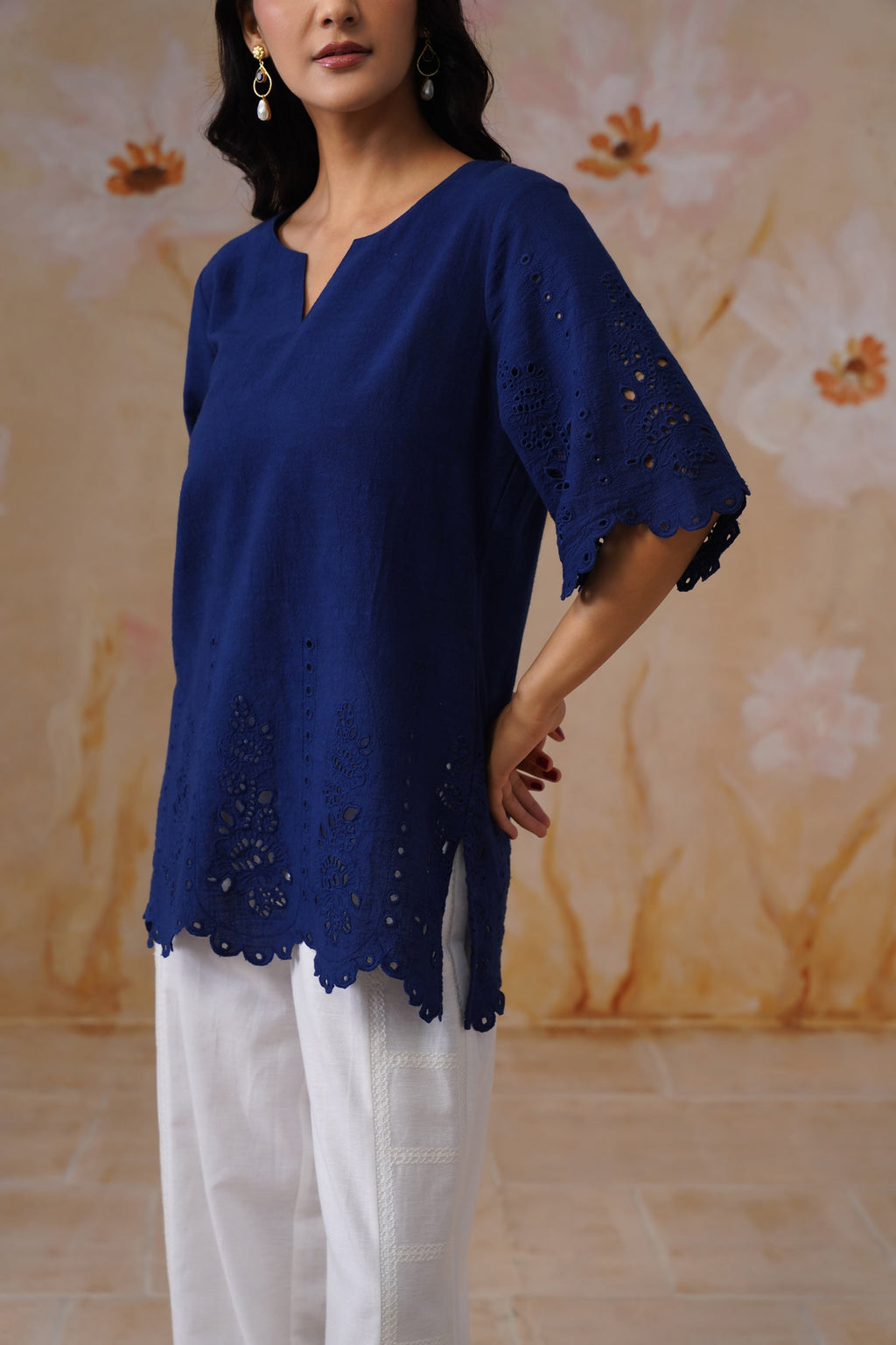 Shefali Singhal in Navy Blue Broderie Top Korah Stitch