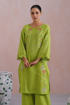 Sonam Jaggi in Parrot Green Cross Stitch Embroidered Kurta Set with cutwork detailing Korah Stitch