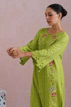 Sonam Jaggi in Parrot Green Cross Stitch Embroidered Kurta Set with cutwork detailing Korah Stitch