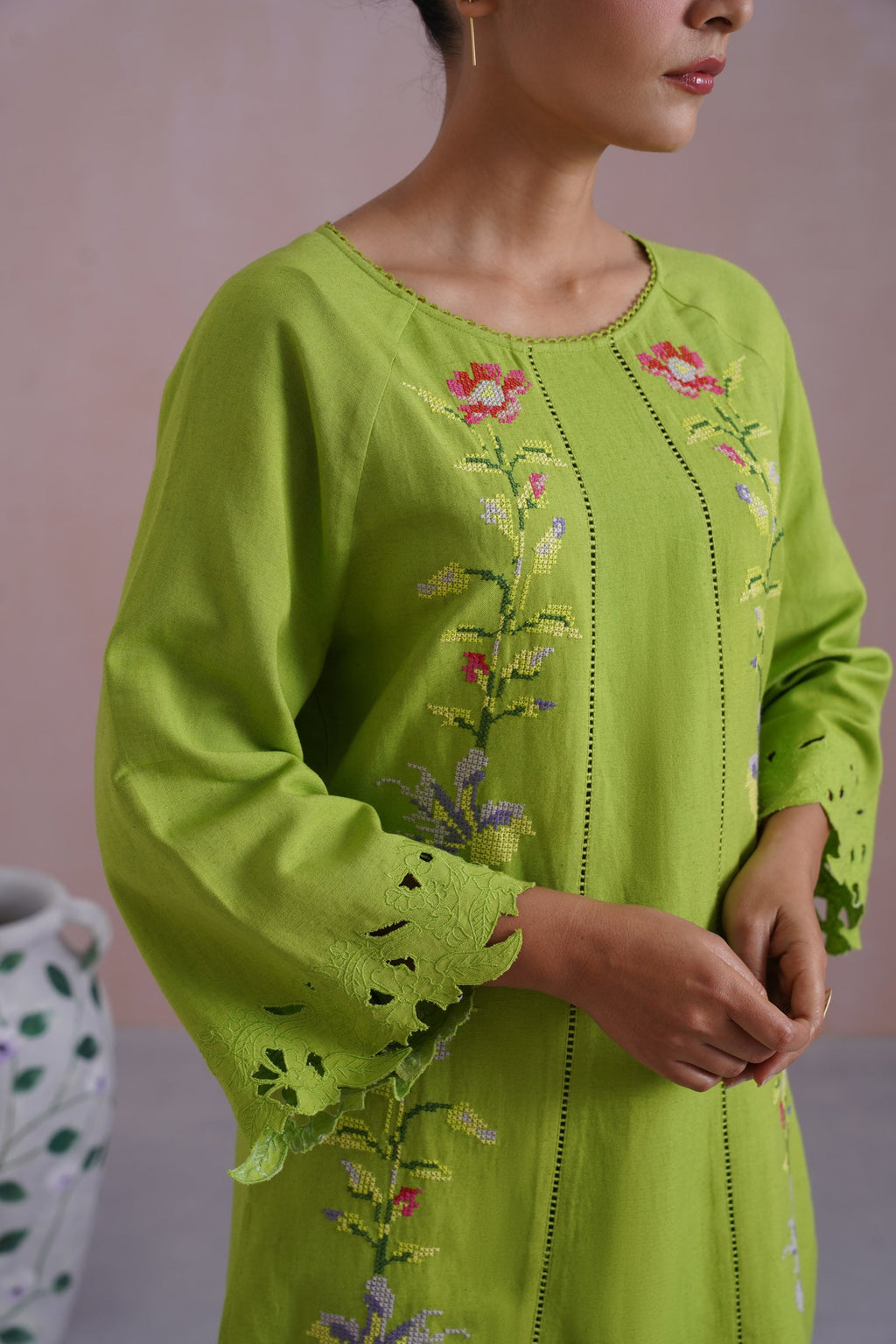 Sonam Jaggi in Parrot Green Cross Stitch Embroidered Kurta Set with cutwork detailing Korah Stitch