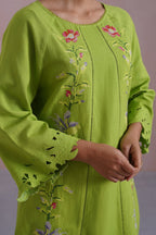 Sonam Jaggi in Parrot Green Cross Stitch Embroidered Kurta Set with cutwork detailing Korah Stitch