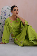 Sonam Jaggi in Parrot Green Cross Stitch Embroidered Kurta Set with cutwork detailing Korah Stitch