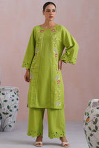 Sonam Jaggi in Parrot Green Cross Stitch Embroidered Kurta Set with cutwork detailing Korah Stitch