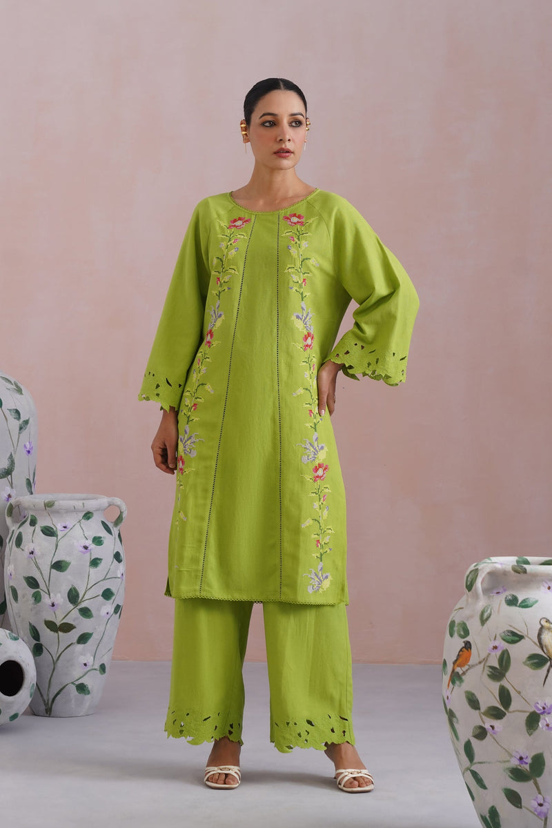 Sonam Jaggi in Parrot Green Cross Stitch Embroidered Kurta Set with cutwork detailing Korah Stitch