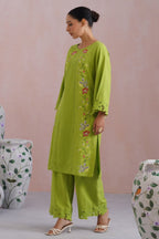 Sonam Jaggi in Parrot Green Cross Stitch Embroidered Kurta Set with cutwork detailing Korah Stitch