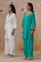 Teal Green Embroidered Kurta Set With Cutwork Detailing Korah Stitch