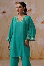 Teal Green Embroidered Kurta Set With Cutwork Detailing Korah Stitch
