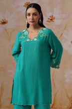 Teal Green Embroidered Kurta Set With Cutwork Detailing Korah Stitch