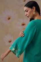 Teal Green Embroidered Kurta Set With Cutwork Detailing Korah Stitch