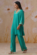 Teal Green Embroidered Kurta Set With Cutwork Detailing Korah Stitch