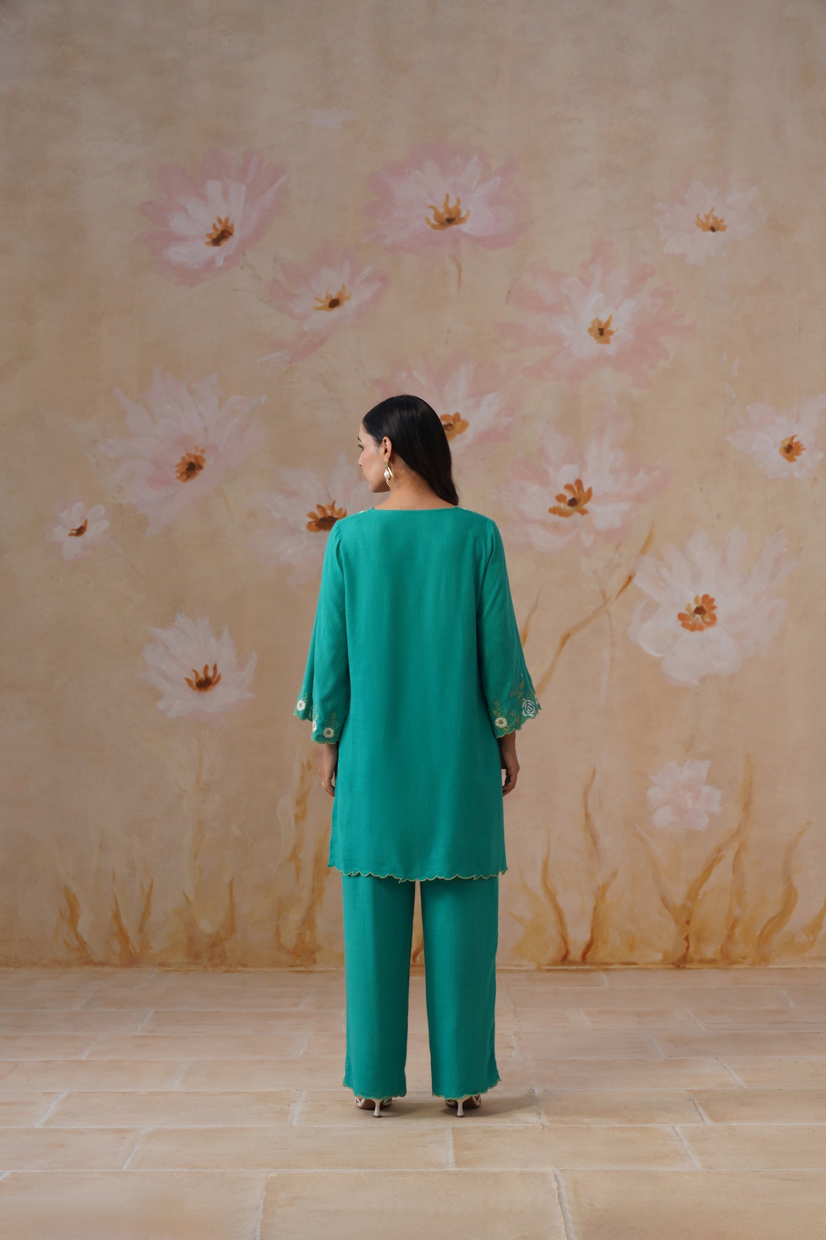 Teal Green Embroidered Kurta Set With Cutwork Detailing Korah Stitch