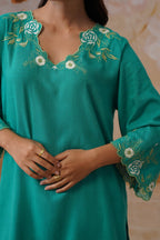 Teal Green Embroidered Kurta Set With Cutwork Detailing Korah Stitch
