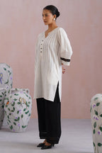 White & Black Embroidered Kurta Set with Organza Detailing Korah Stitch