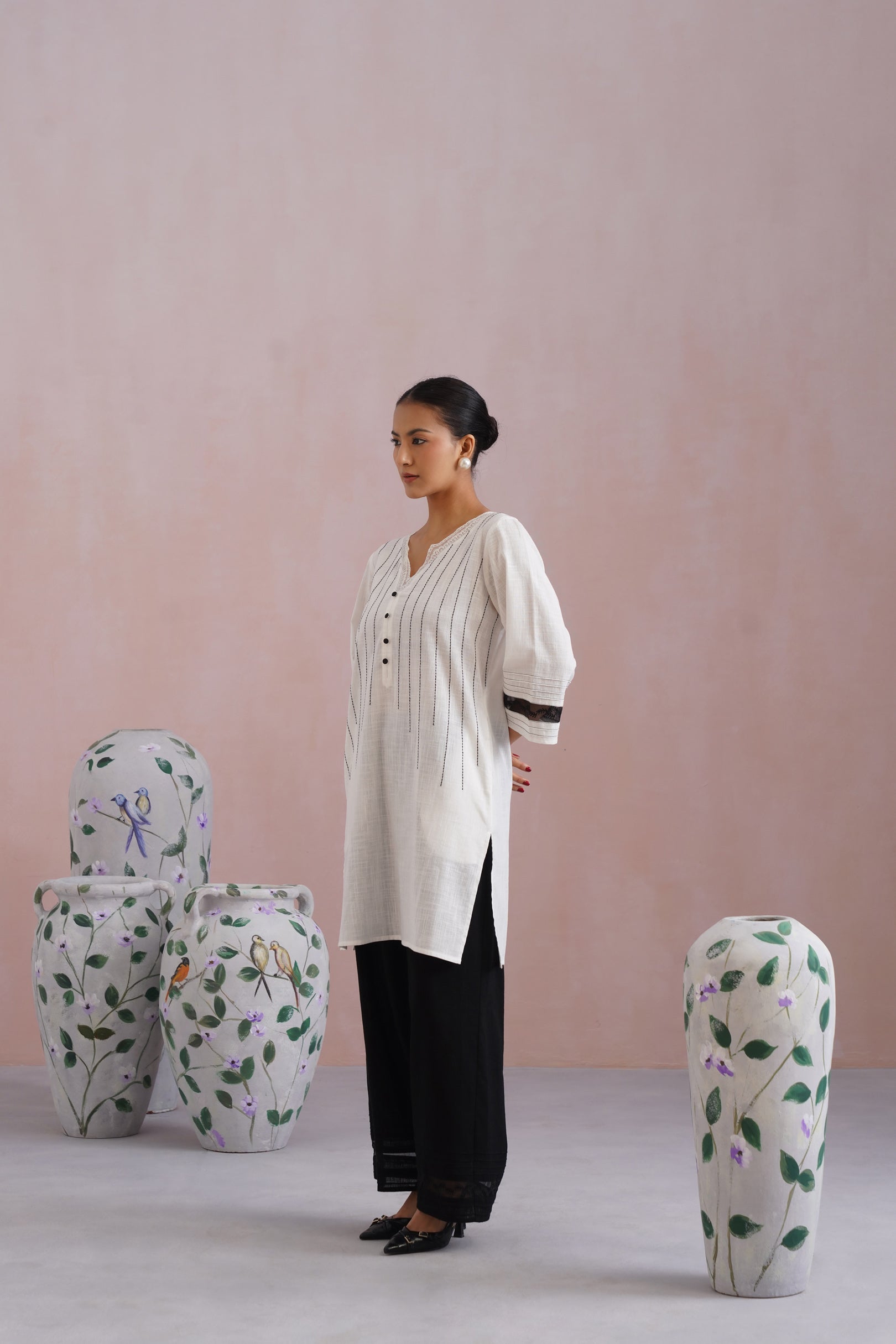 White & Black Embroidered Kurta Set with Organza Detailing Korah Stitch