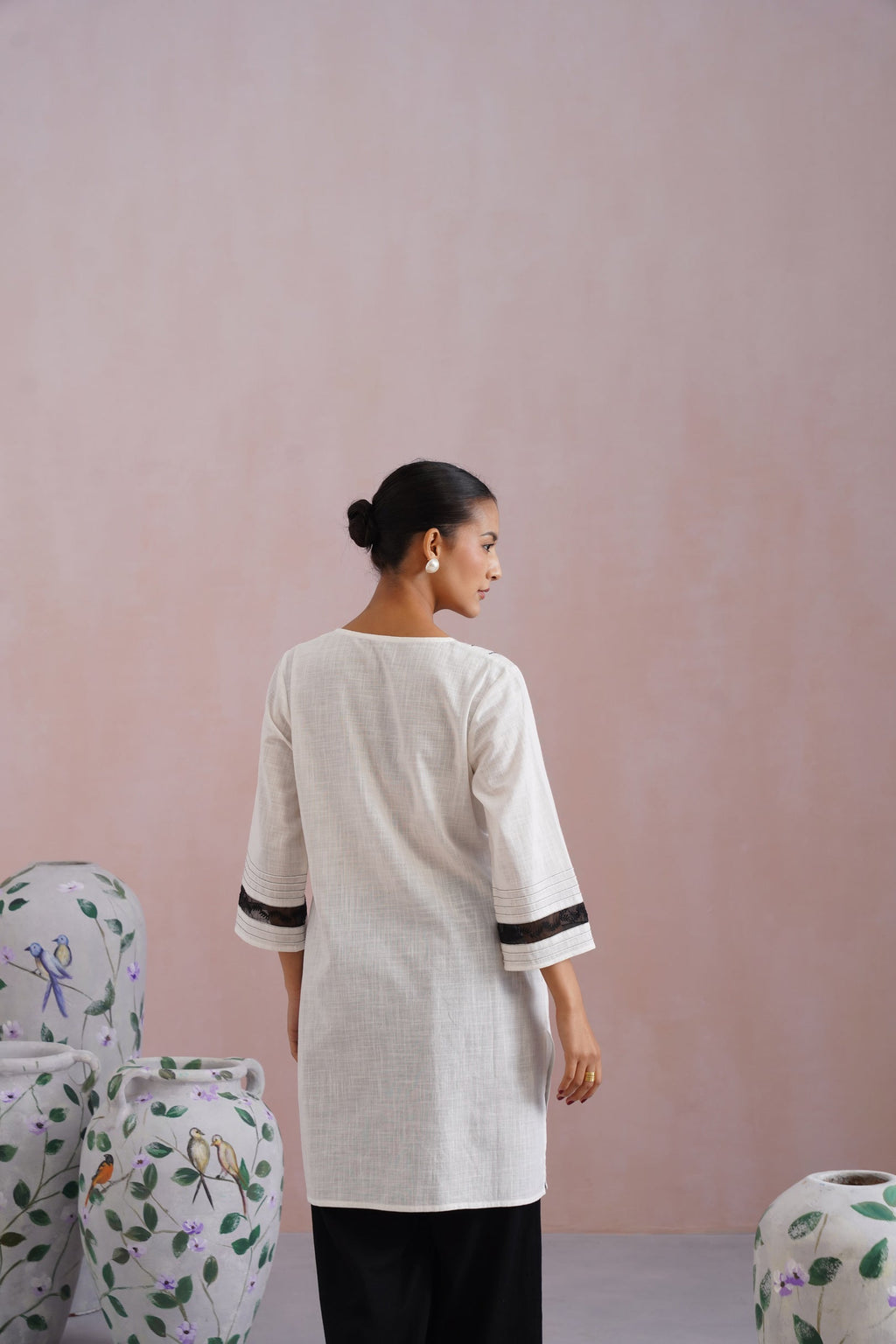 White & Black Embroidered Kurta Set with Organza Detailing Korah Stitch