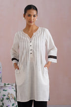 White & Black Embroidered Kurta Set with Organza Detailing Korah Stitch