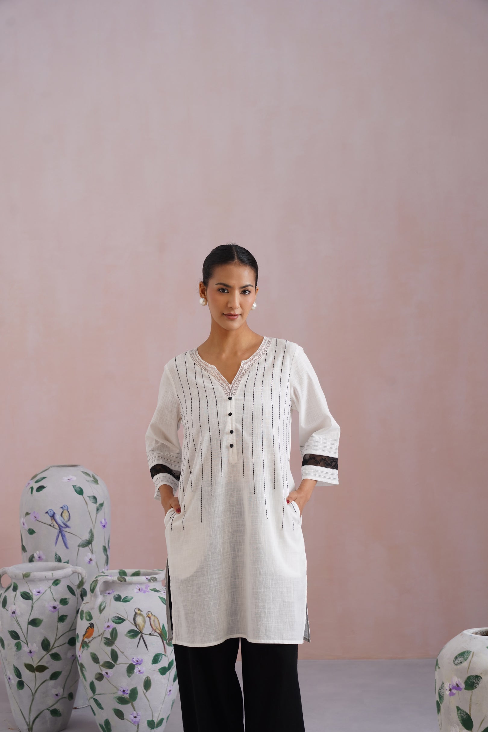 White & Black Embroidered Kurta Set with Organza Detailing Korah Stitch