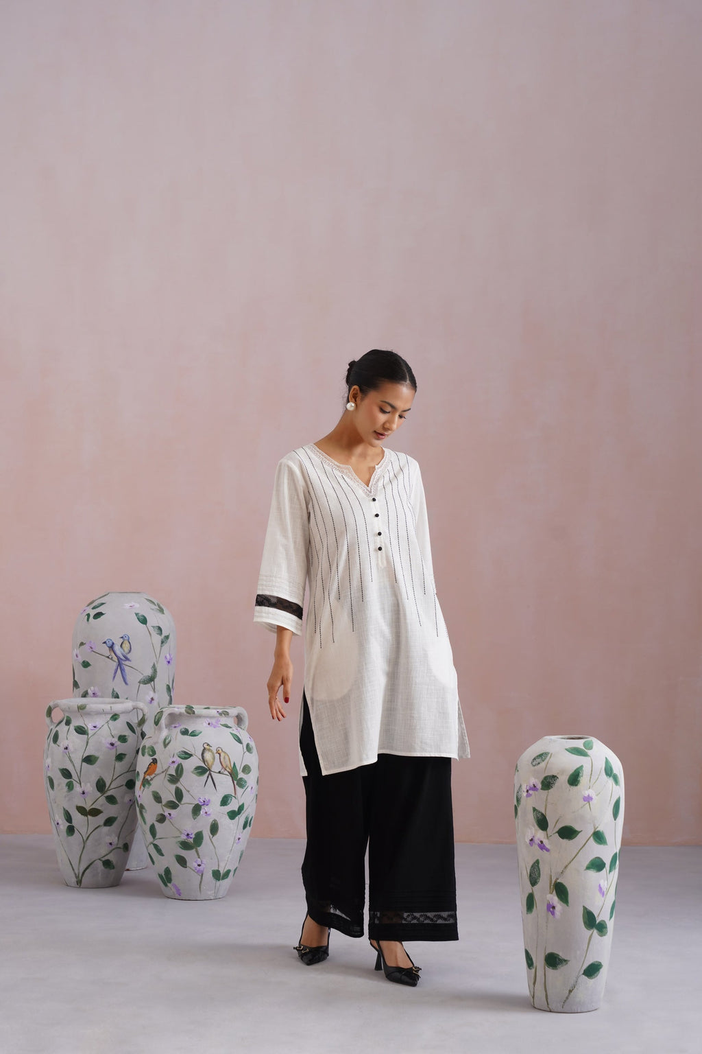 White & Black Embroidered Kurta Set with Organza Detailing Korah Stitch