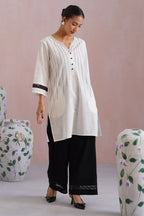 White & Black Embroidered Kurta Set with Organza Detailing Korah Stitch
