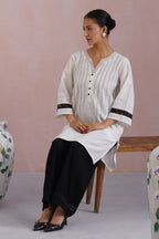 White & Black Embroidered Kurta Set with Organza Detailing Korah Stitch