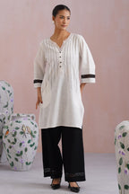 White & Black Embroidered Kurta Set with Organza Detailing Korah Stitch