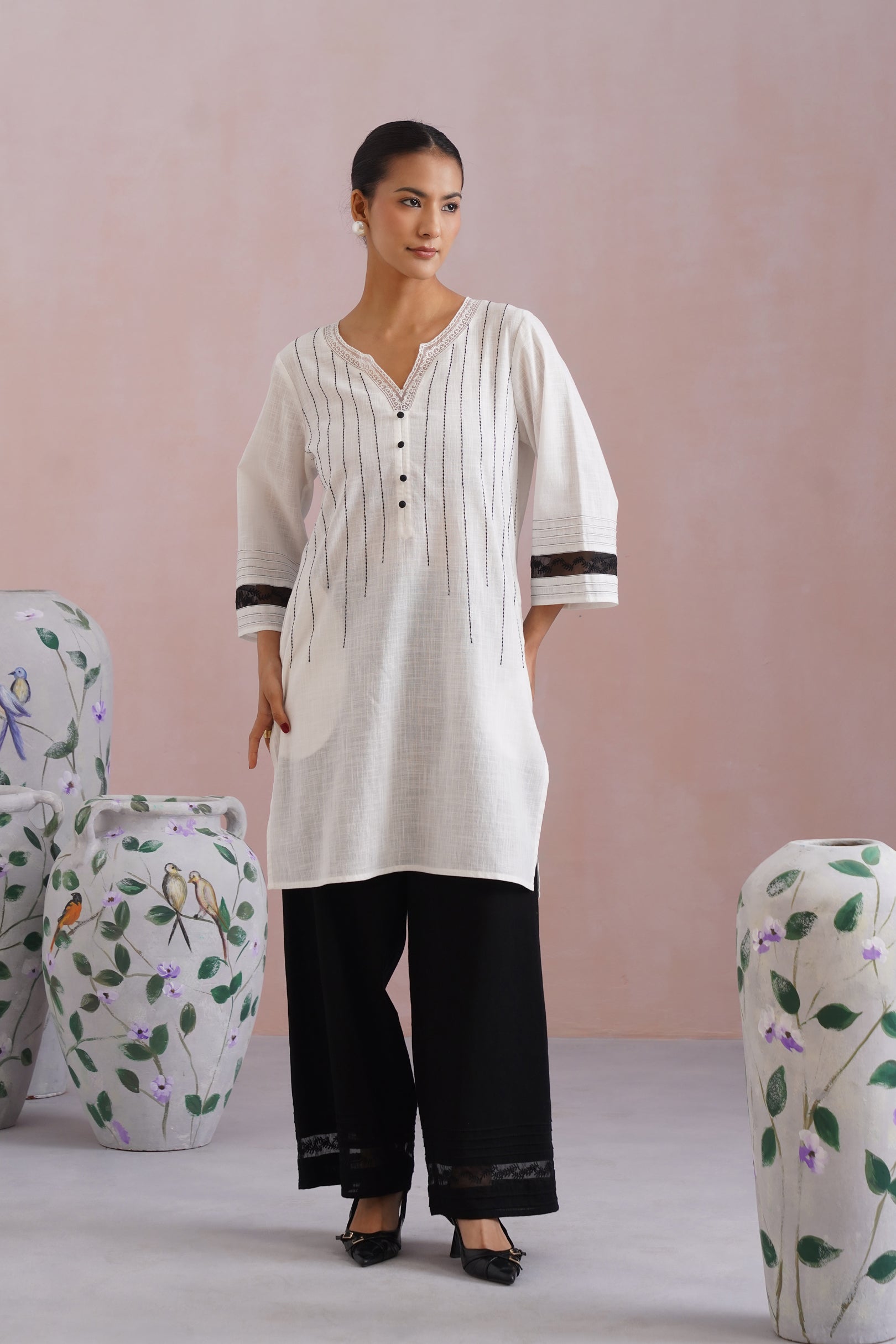 White & Black Embroidered Kurta Set with Organza Detailing Korah Stitch