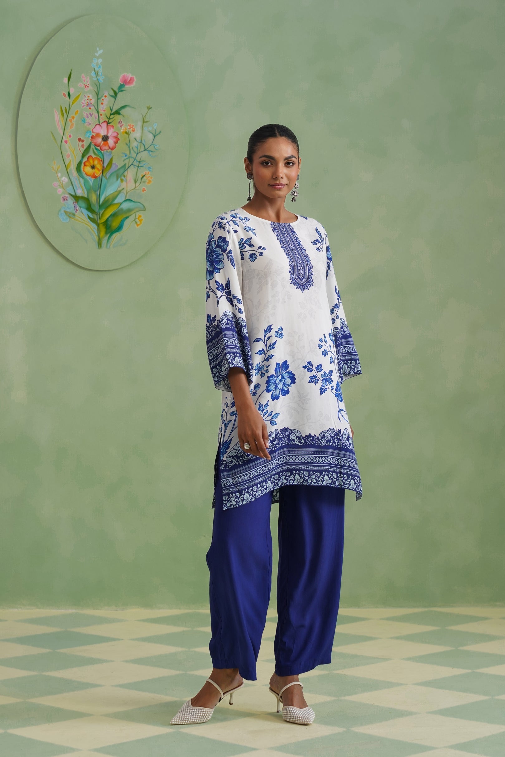 White & Blue Digital Placement Printed Kurta Set Korah Stitch