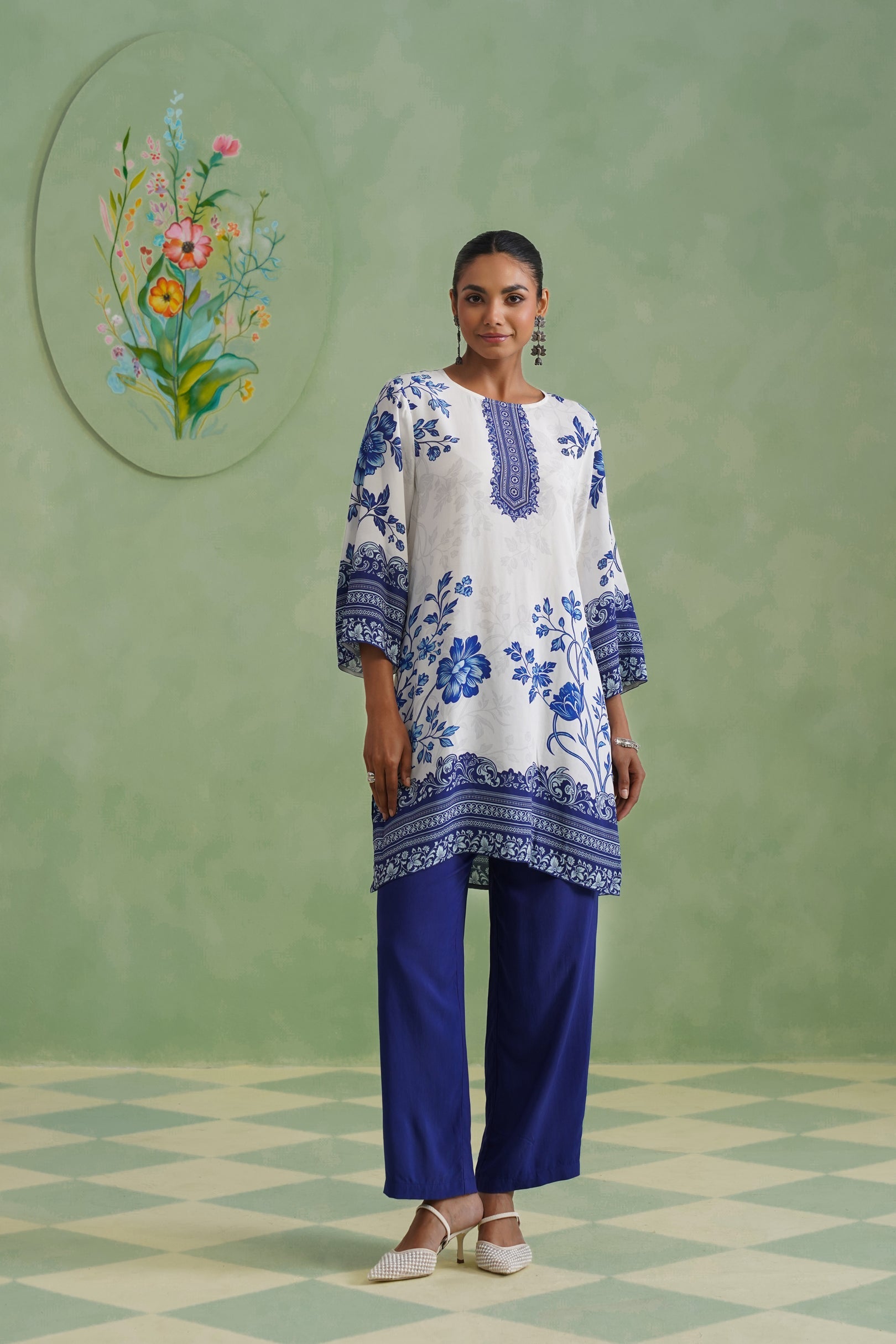 White & Blue Digital Placement Printed Kurta Set Korah Stitch
