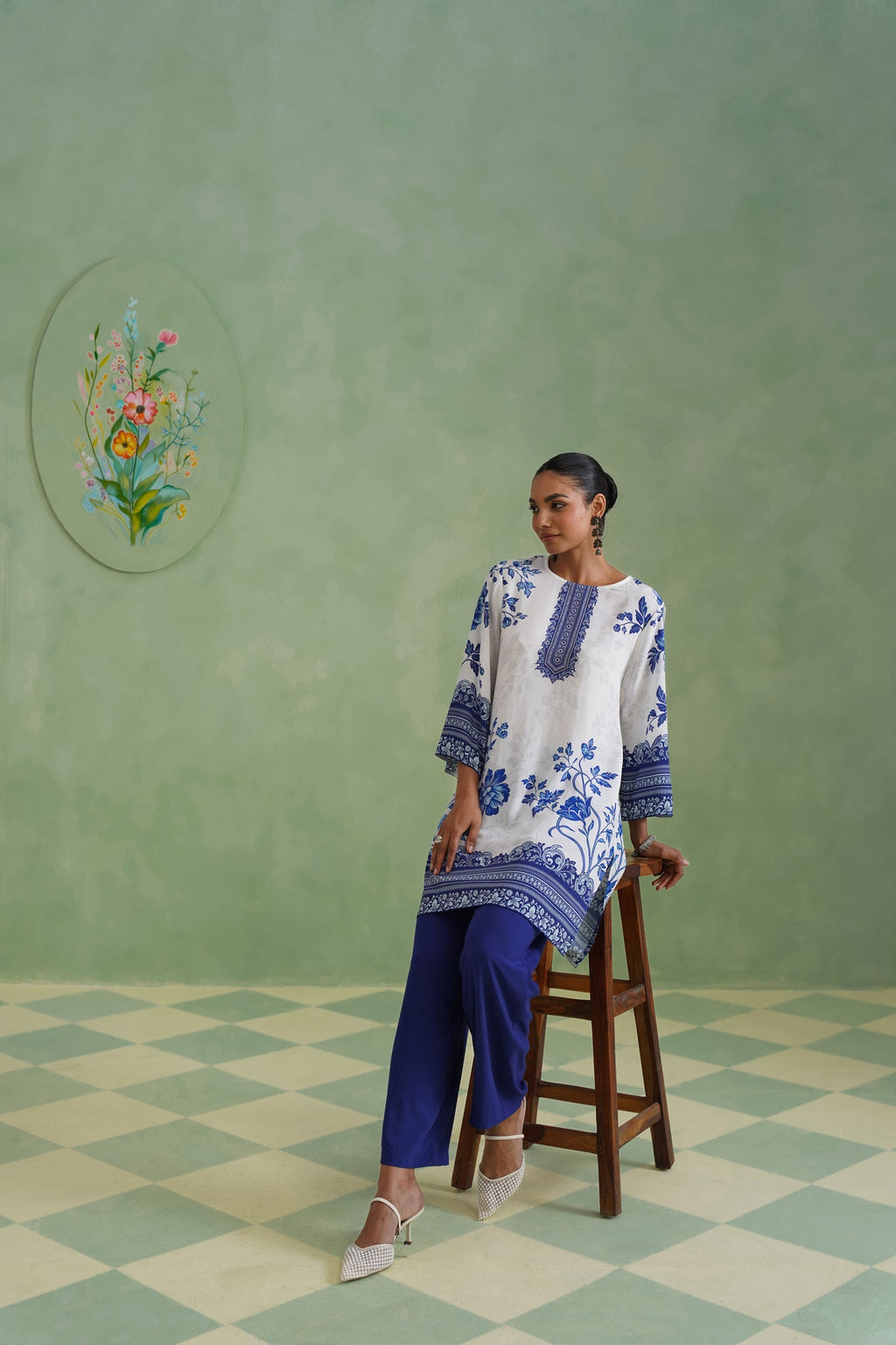 White & Blue Digital Placement Printed Kurta Set Korah Stitch