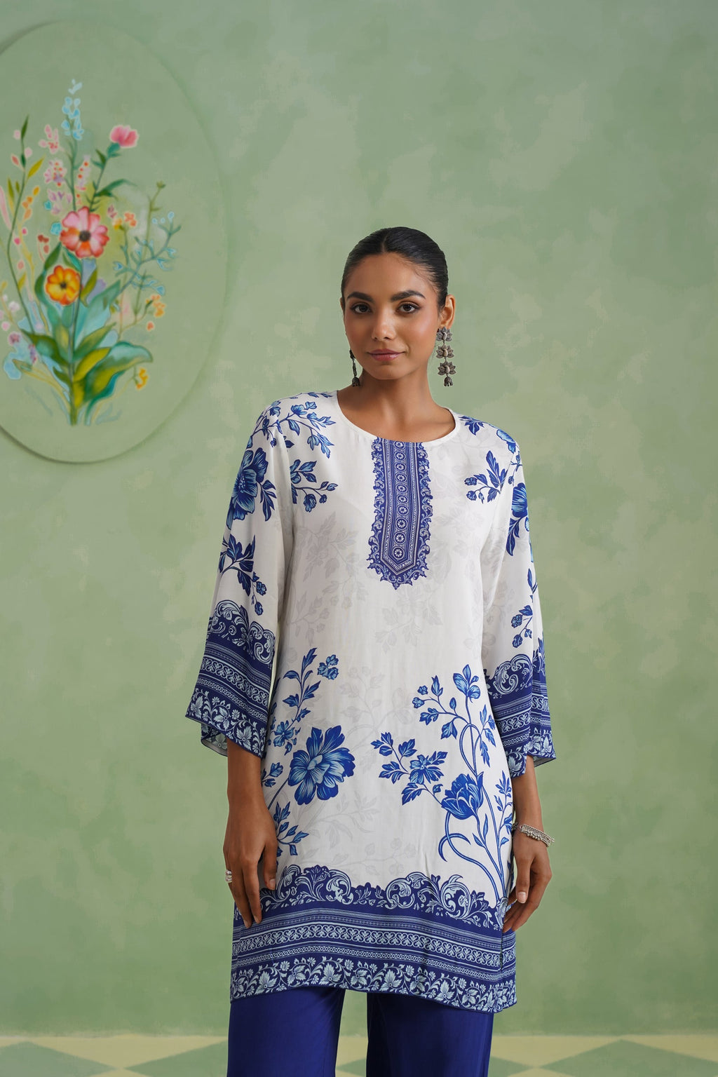 White & Blue Digital Placement Printed Kurta Set Korah Stitch