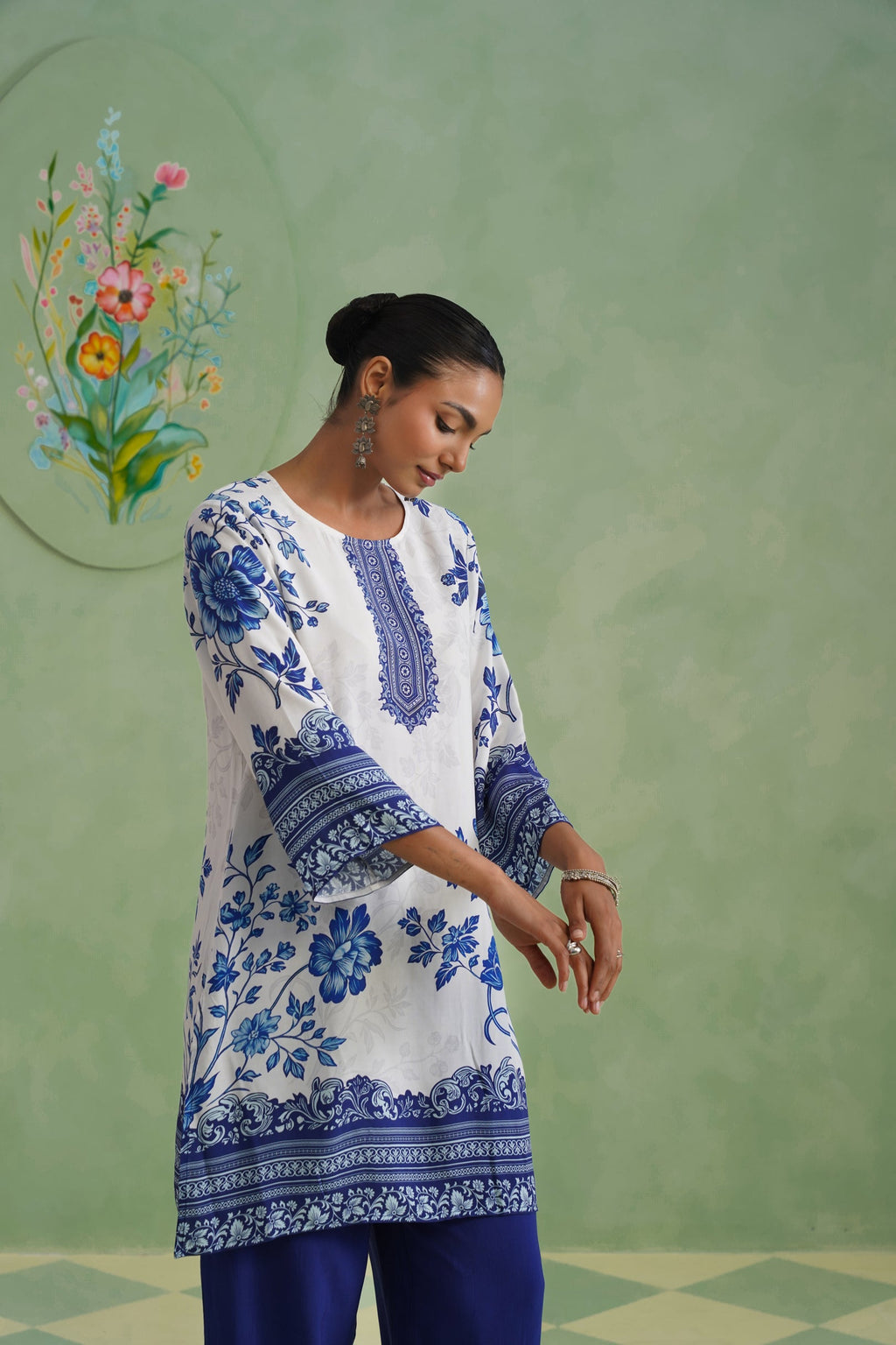 White & Blue Digital Placement Printed Kurta Set Korah Stitch