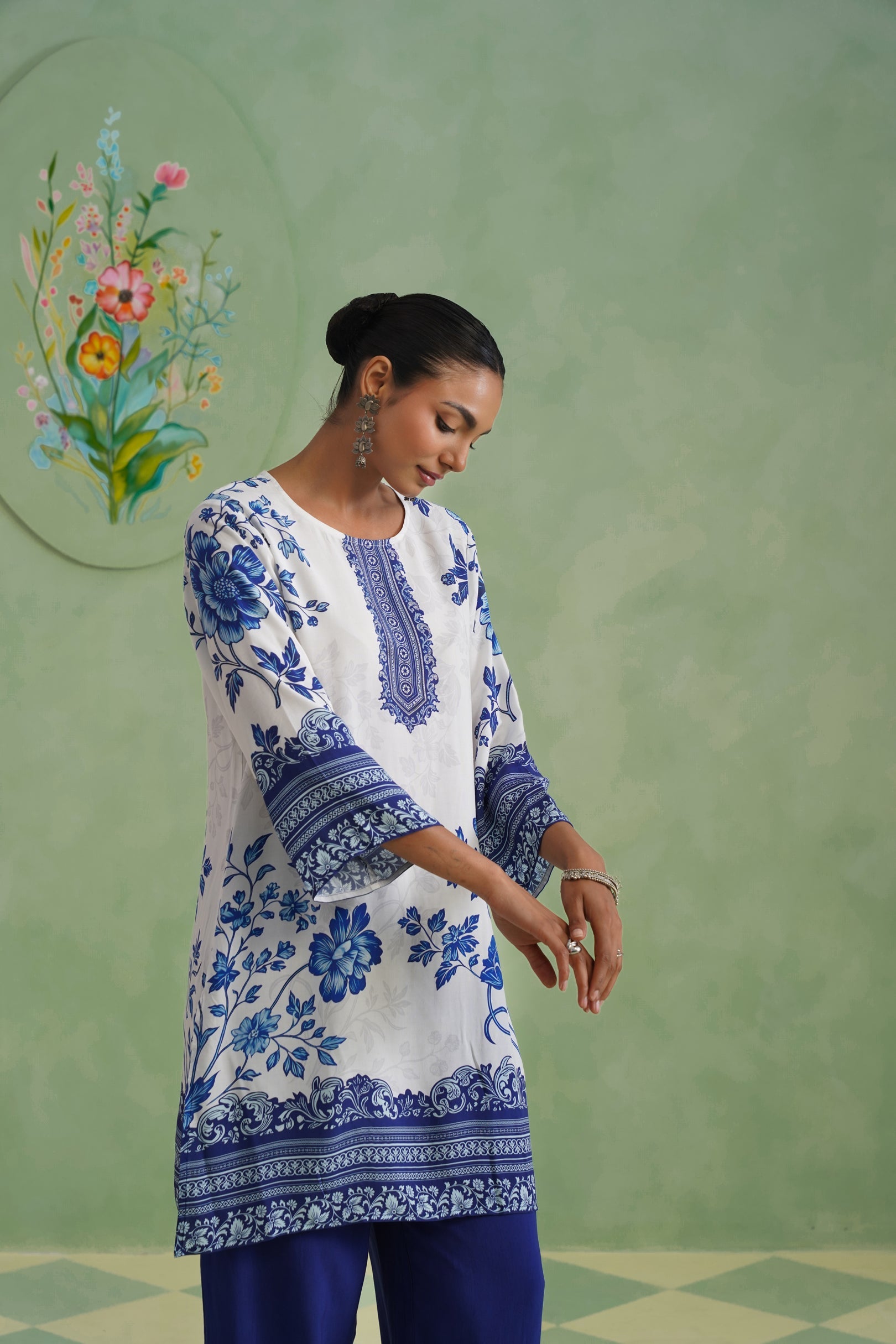 White & Blue Digital Placement Printed Kurta Set Korah Stitch