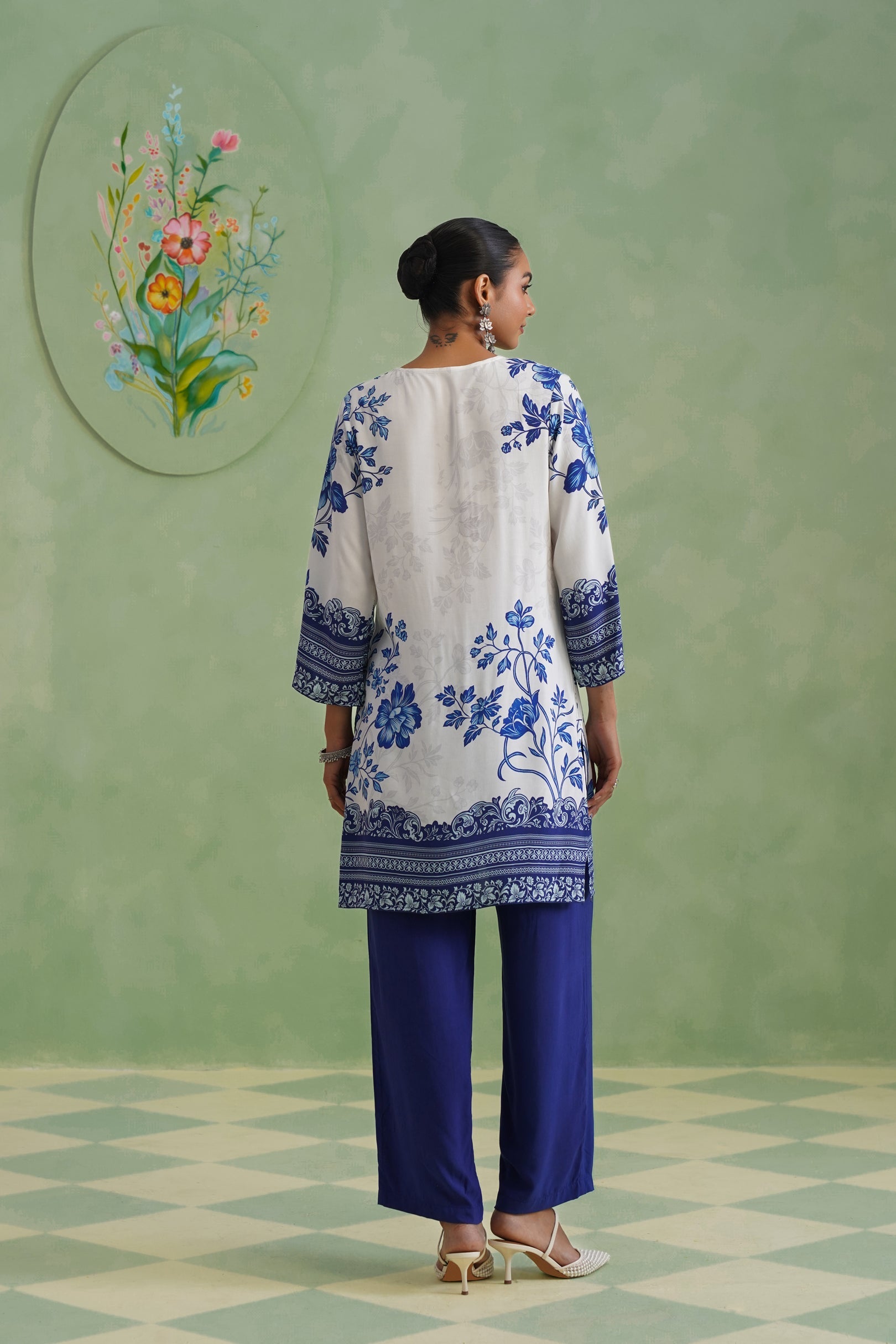 White & Blue Digital Placement Printed Kurta Set Korah Stitch