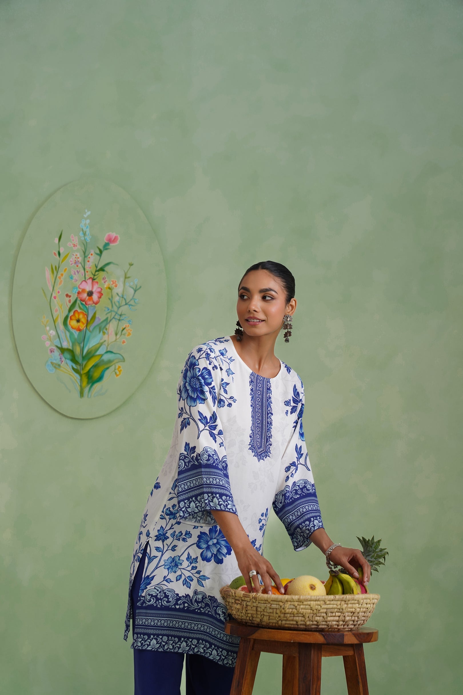 White & Blue Digital Placement Printed Kurta Set Korah Stitch