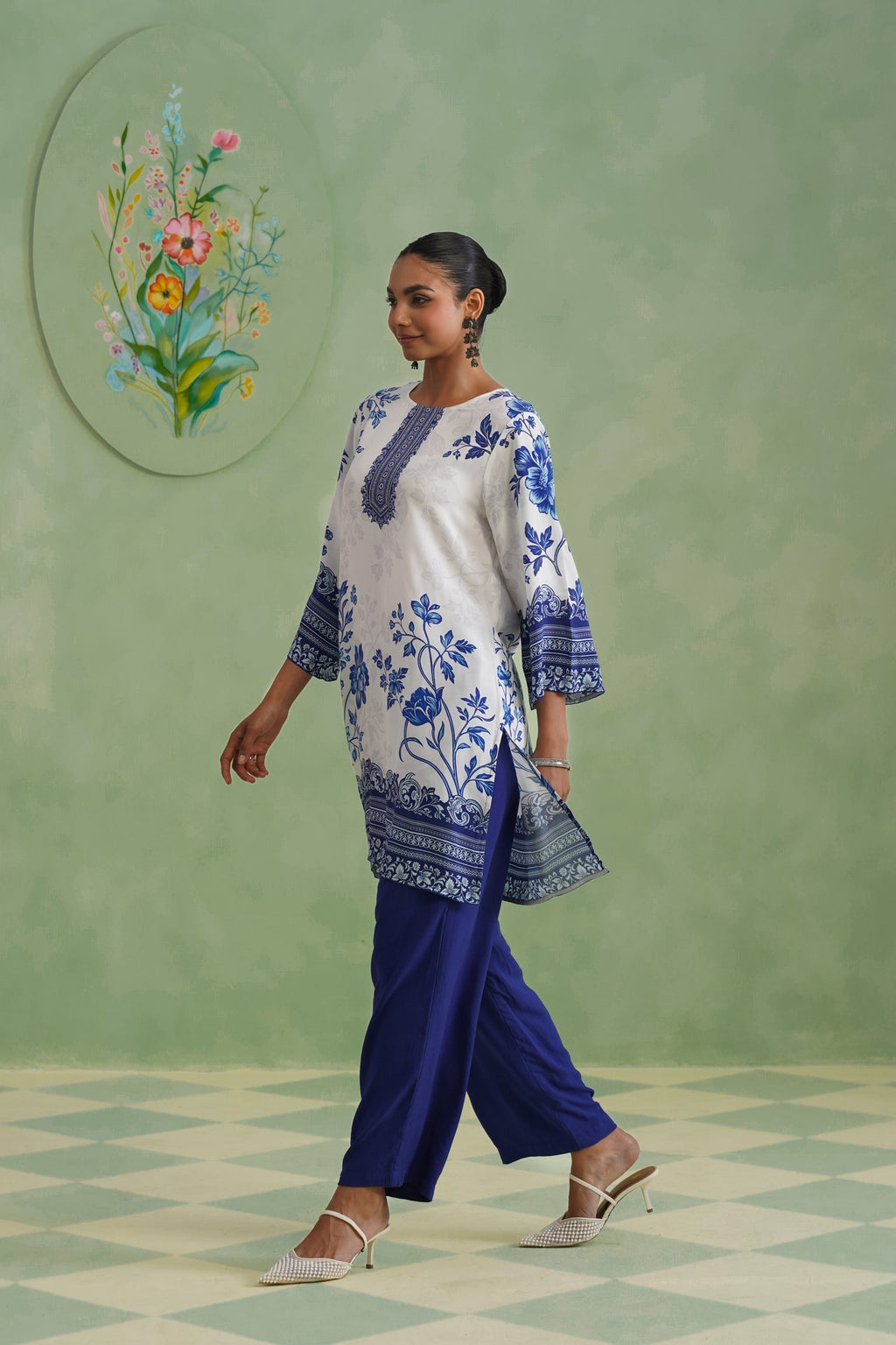 White & Blue Digital Placement Printed Kurta Set Korah Stitch