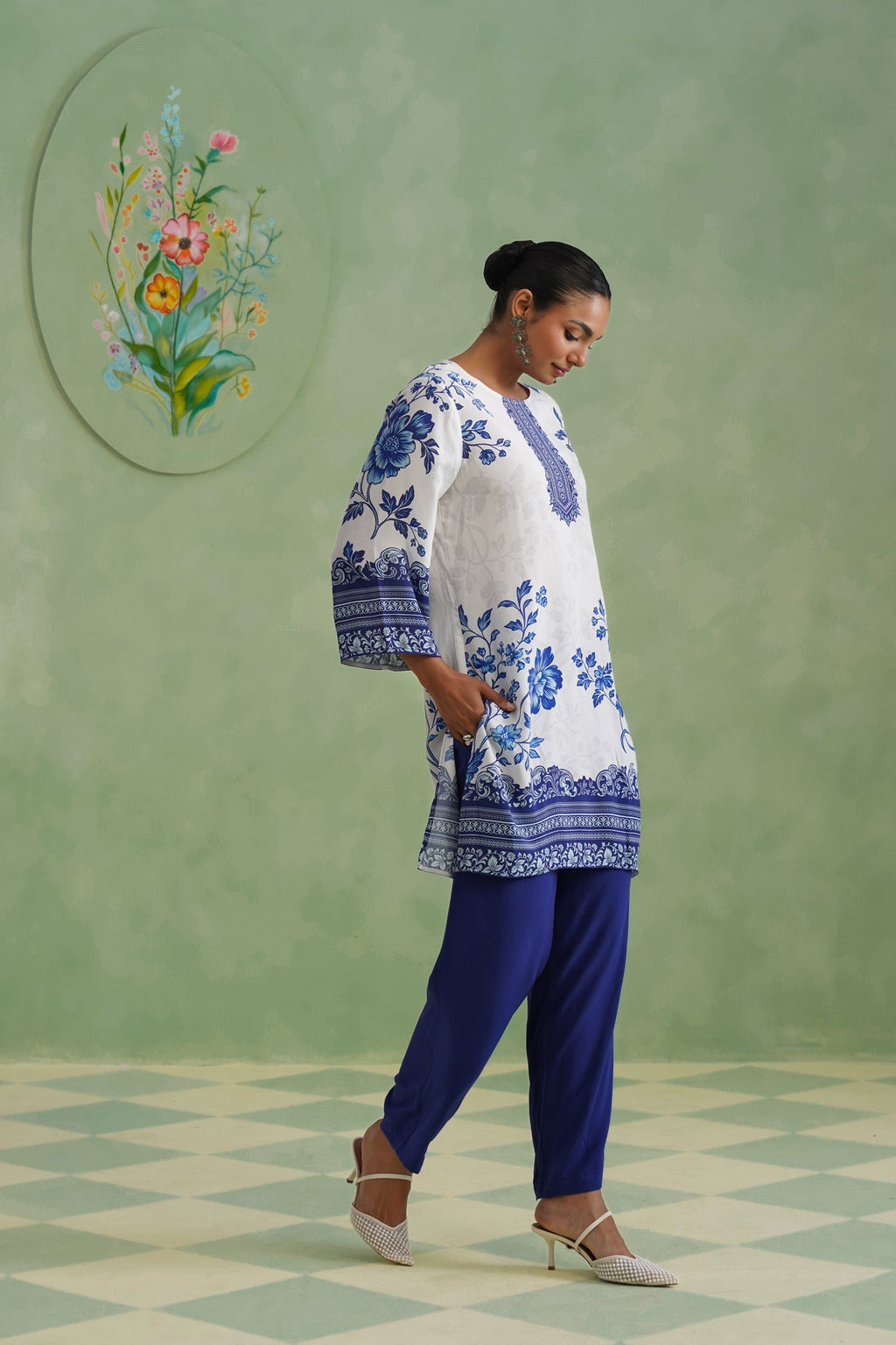 White & Blue Digital Placement Printed Kurta Set Korah Stitch