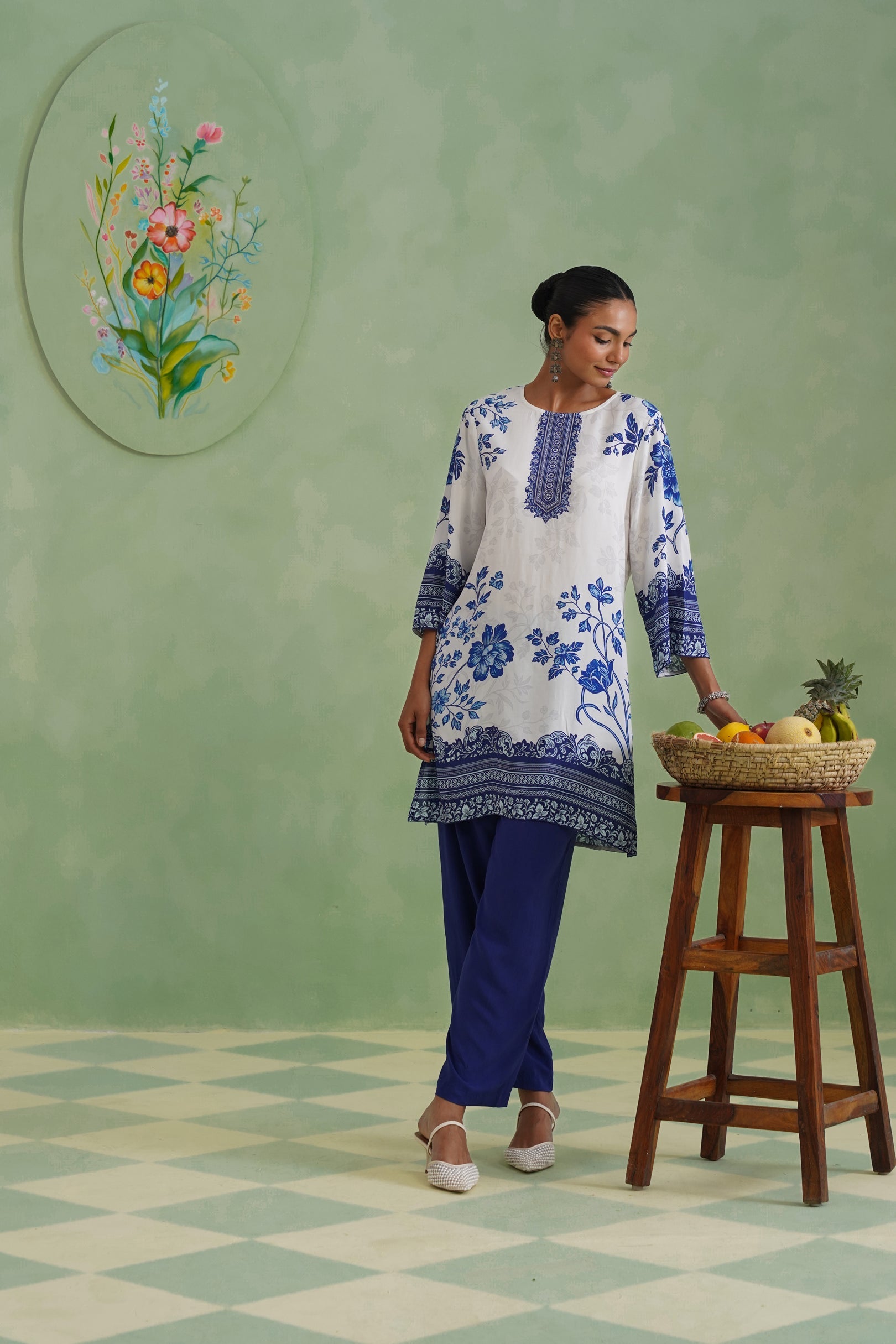 White & Blue Digital Placement Printed Kurta Set Korah Stitch
