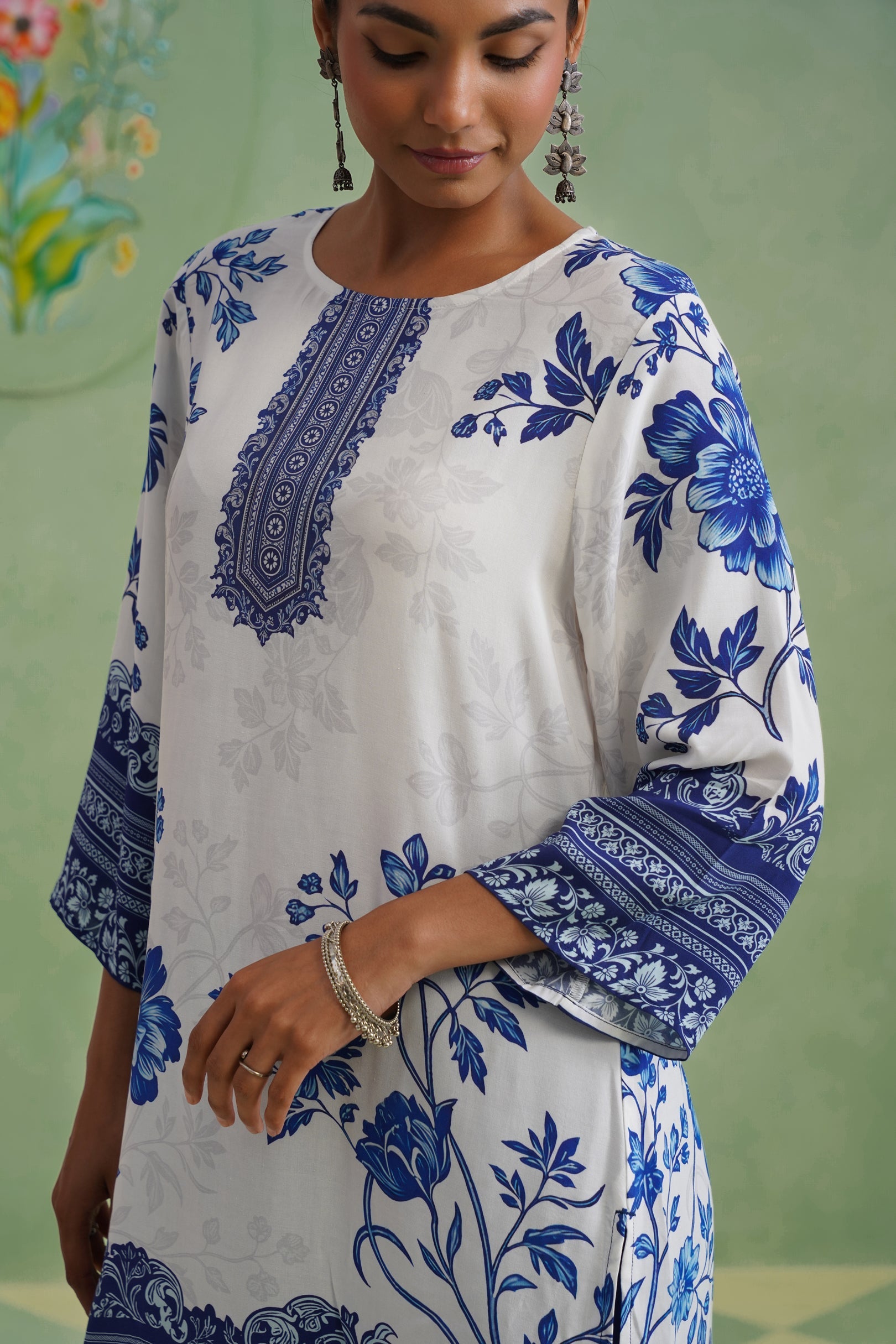 White & Blue Digital Placement Printed Kurta Set Korah Stitch