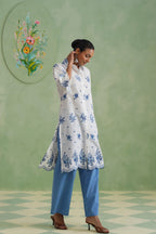 White Blue Floral Embroidered Kurta Set Korah Stitch