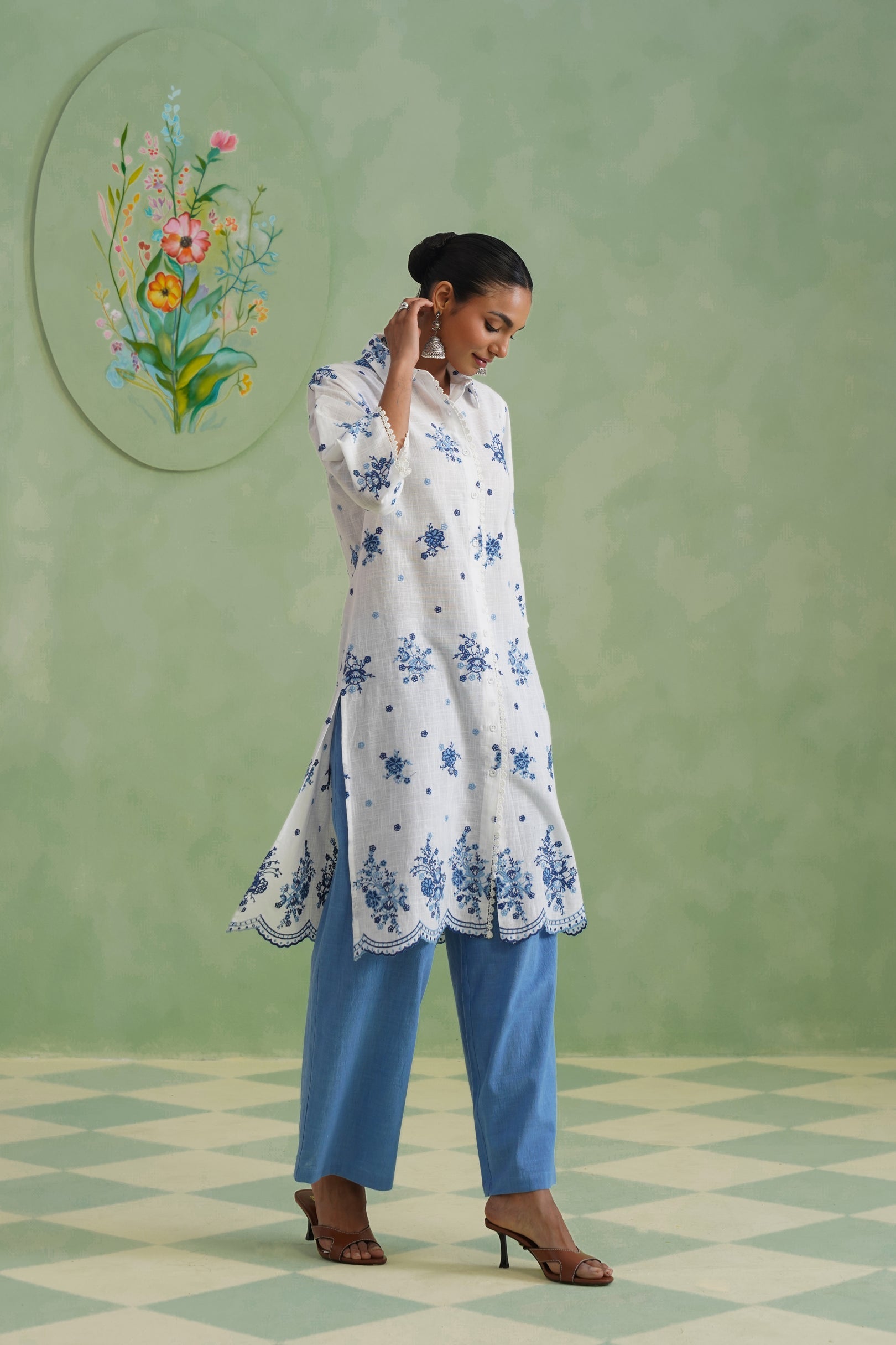 White Blue Floral Embroidered Kurta Set Korah Stitch