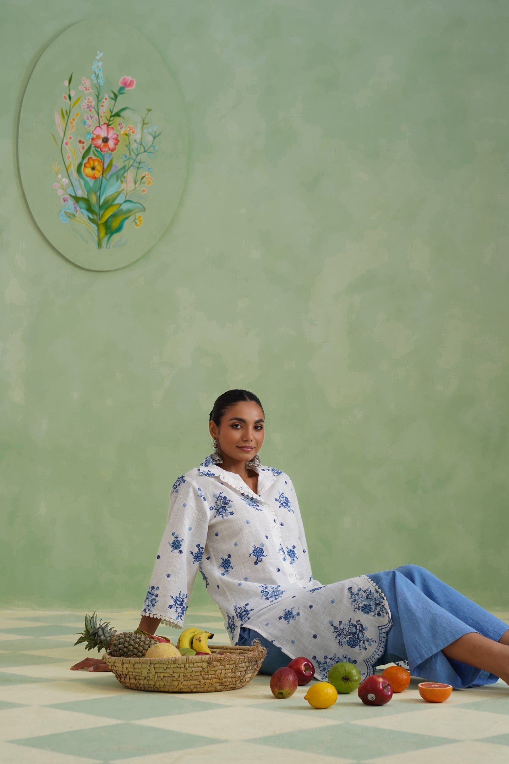 White Blue Floral Embroidered Kurta Set Korah Stitch