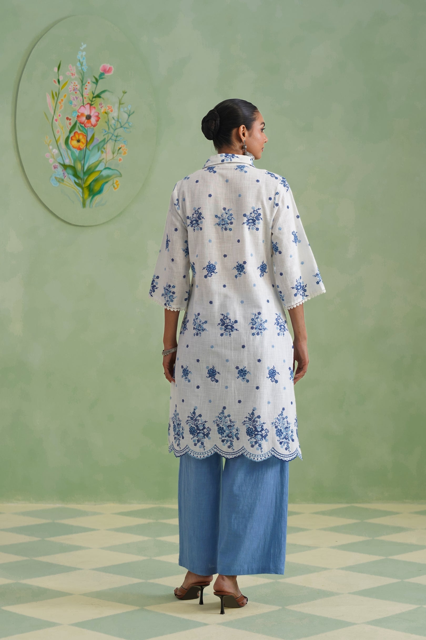 White Blue Floral Embroidered Kurta Set Korah Stitch