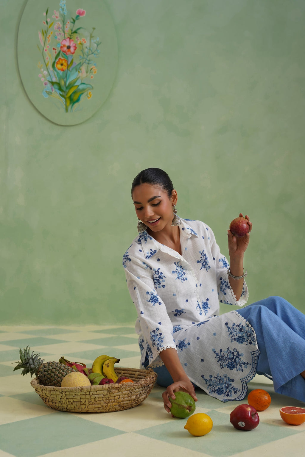 White Blue Floral Embroidered Kurta Set Korah Stitch