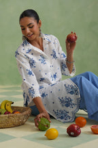 White Blue Floral Embroidered Kurta Set Korah Stitch