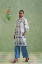 White Blue Floral Embroidered Kurta Set Korah Stitch