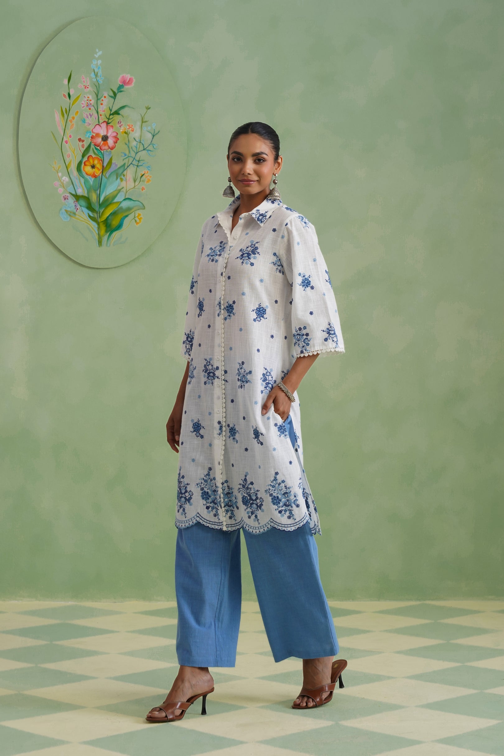 White Blue Floral Embroidered Kurta Set Korah Stitch
