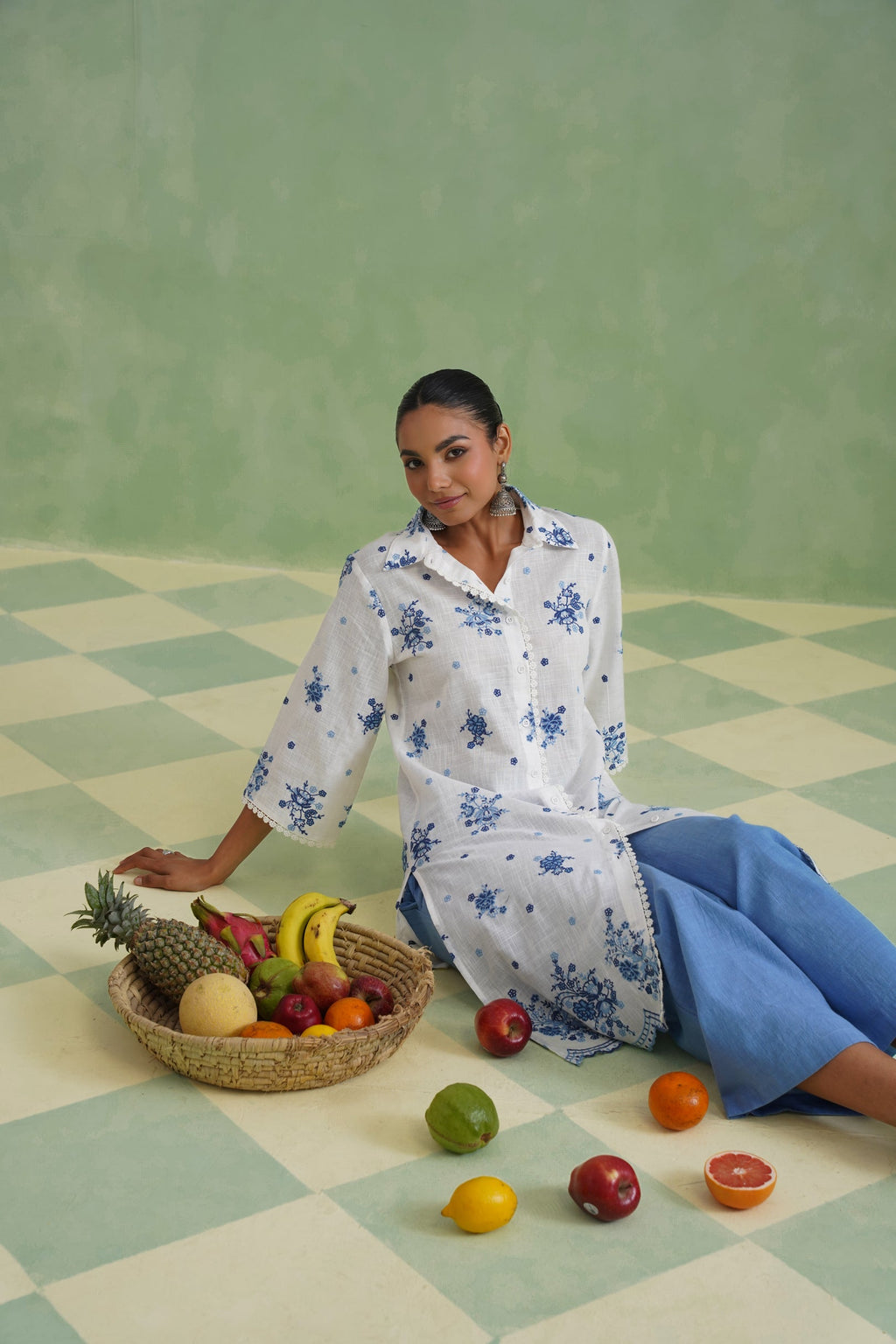 White Blue Floral Embroidered Kurta Set Korah Stitch